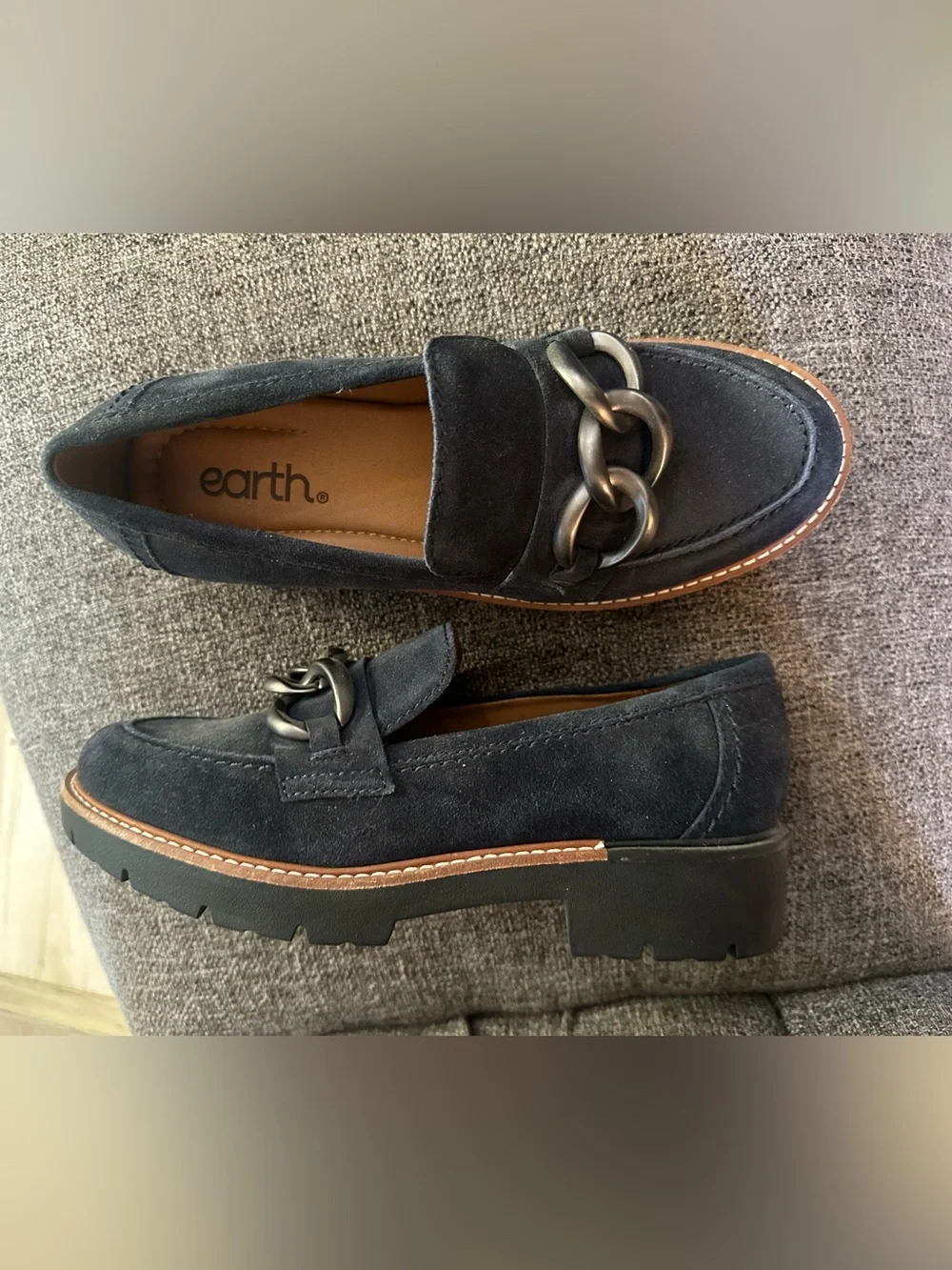 Earth Black Suede Loafers with Chunky Chain Accent